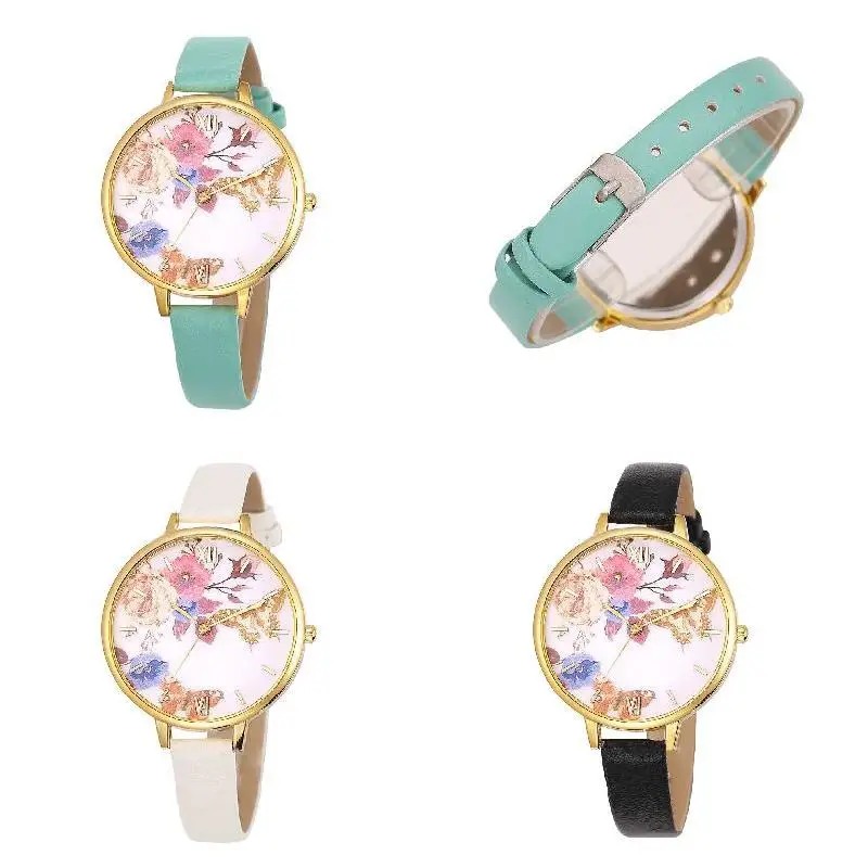 

Reloj Simple Fashion Women Wrist Watches Flower Pattern Clock Leather Strap Wristwatch Ladies Quartz Watch