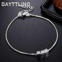 bayttling 8 inch silver color box chain 3 square pendant bracelet for woman fashion wedding jewelry party gift