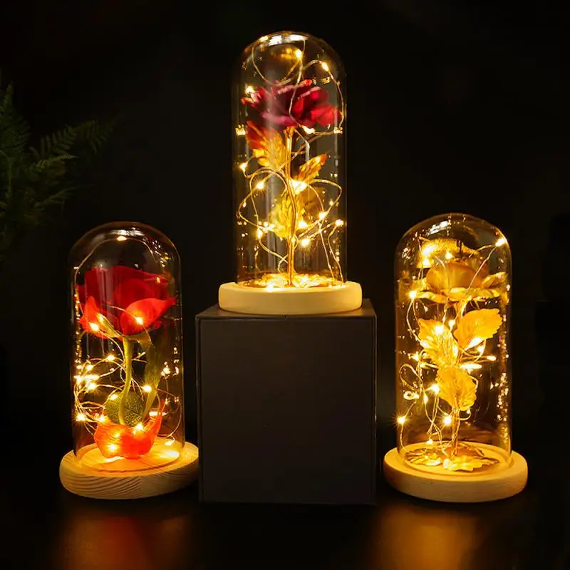 

2021 LED Enchanted Galaxy Rose Eternal 24K Gold Foil Flower With Fairy String Lights In Dome For Christmas Valentine's Day Gift