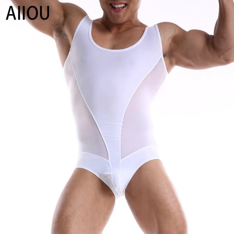 

AIIOU Sexy Mens Undershirts Leotard Bodysuit Men Jumpsuits Tight Body Shaper Wrestling Singlet Bodywear U Convex Pouch Underwear