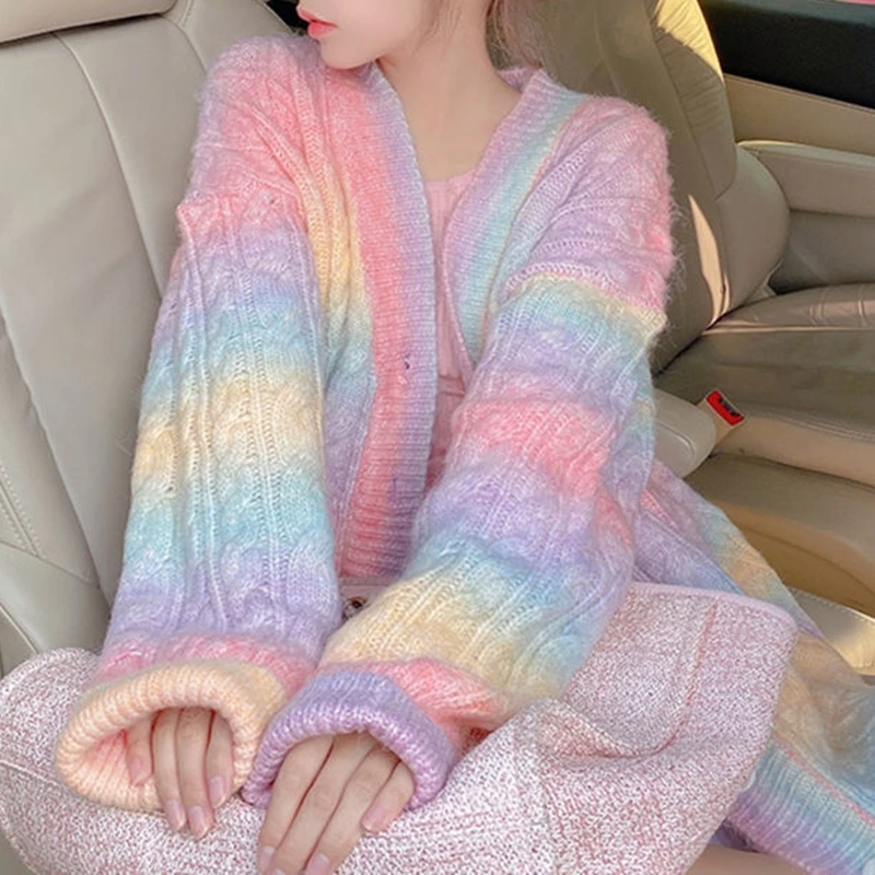 

Women Winter Rainbow Knitted Loose Sweater Oversized Cardigan Button Tops Ladies Korean Long Sueter Sweet Kawaii Mujer Female