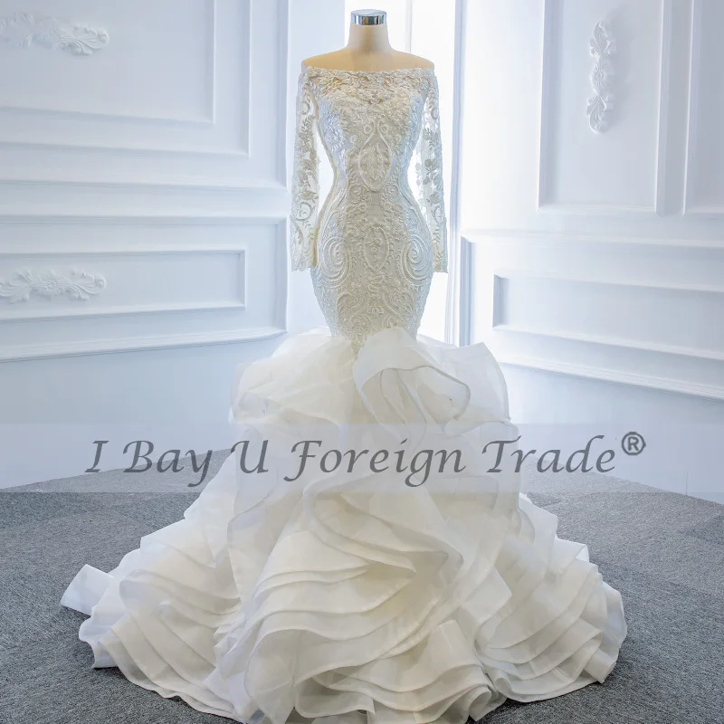 Off Shoulder Long Sleeve Mermaid Bridal Gown Special Design Lace Full Beading Wedding Dress African Bride Dress Woman 2020 New