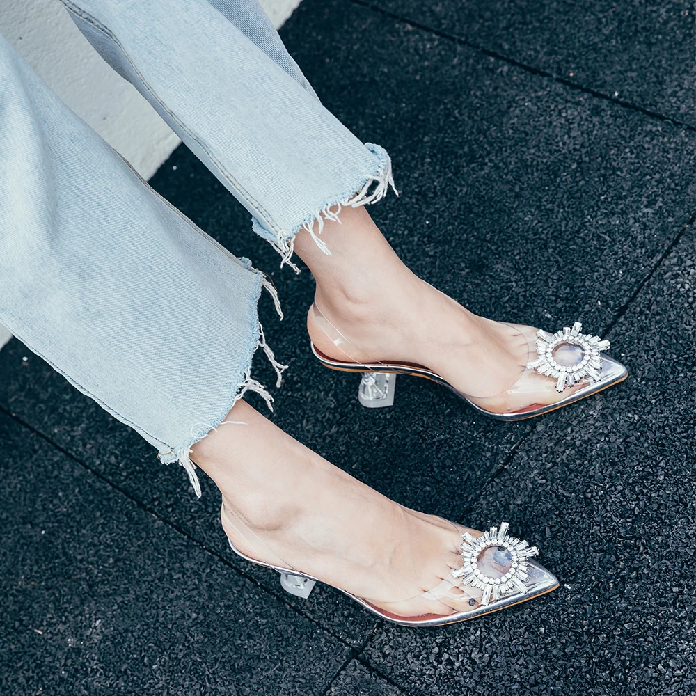 

WETKISS Transparent Heels Sandals Women Clear Pvc Sandals Slingback Crystal Pointed Toe Thin High Heels Shoes Woman Stilettos