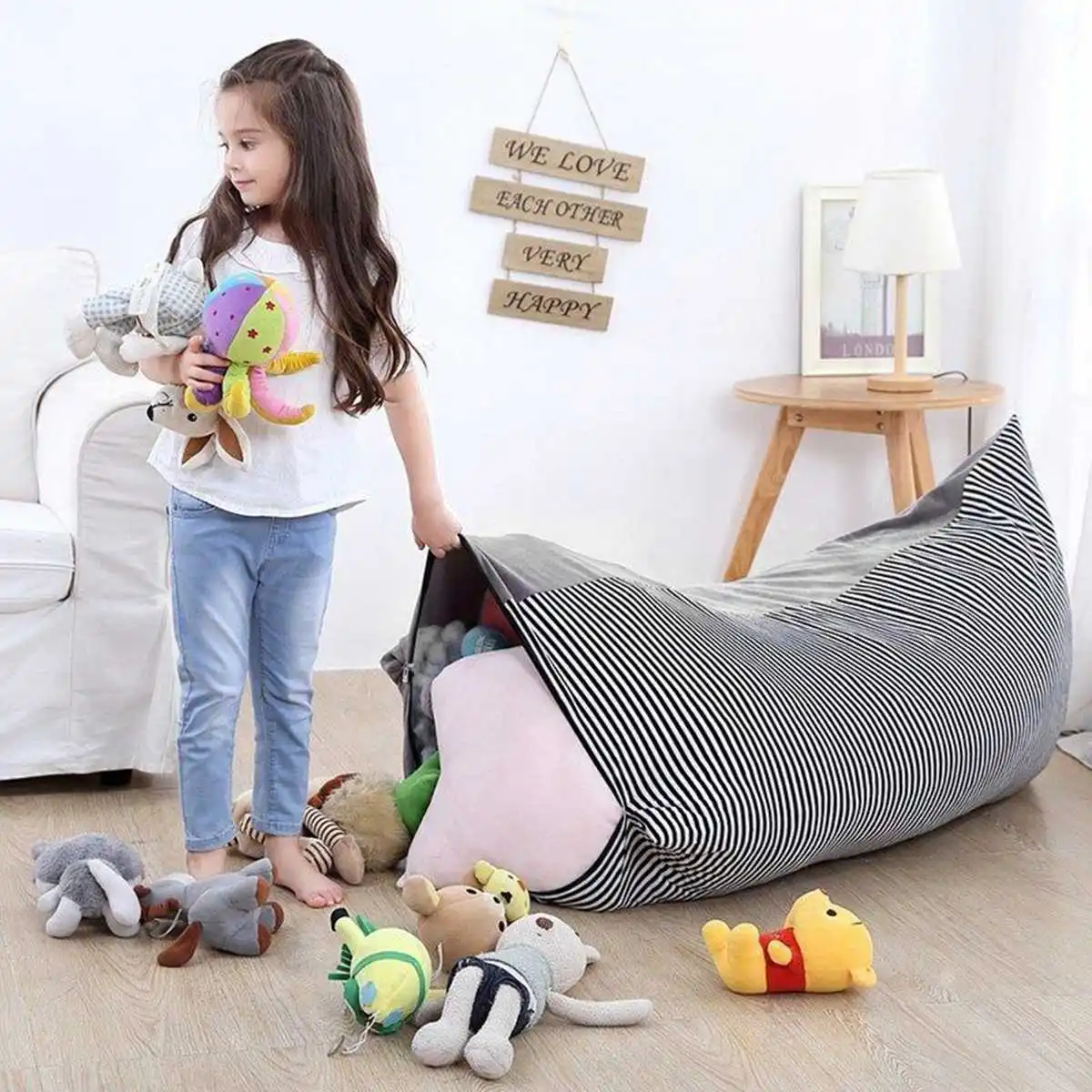 

50x35x50cm Kids Stuffed Toy Storage Bean Bag Home Organizer Chair Extra Large Pouch Stripe Chair Sofa Seat Storage