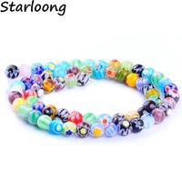 64pcsstring color mixed 6mm round shape flower pattern glazed glass lampwork beads for bracelet necklace diy jewelry making