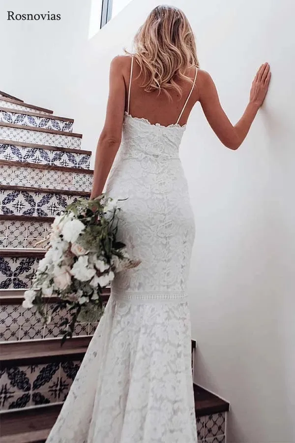 Boho полный Кружева Русалка Свадебные платья 2019 Спагетти ремень спинки развертки