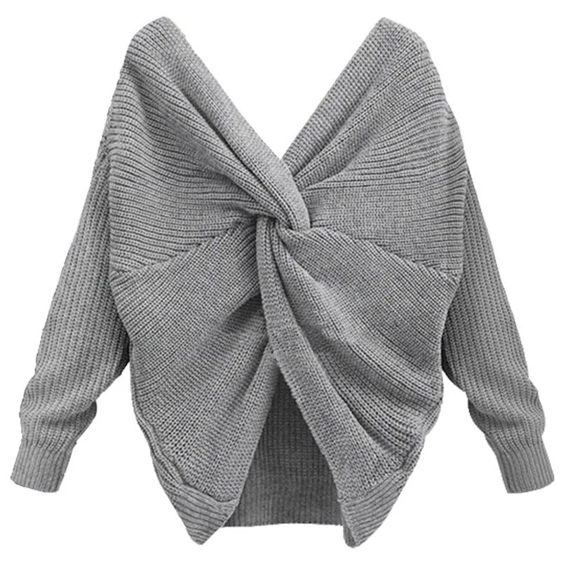 5 colors V-Neck Twisted Back Sweater Women Jumpers Autumn Pullovers Casual Sexy Tops Long Sleeve Knitted Sweaters Pull Femme | Женская