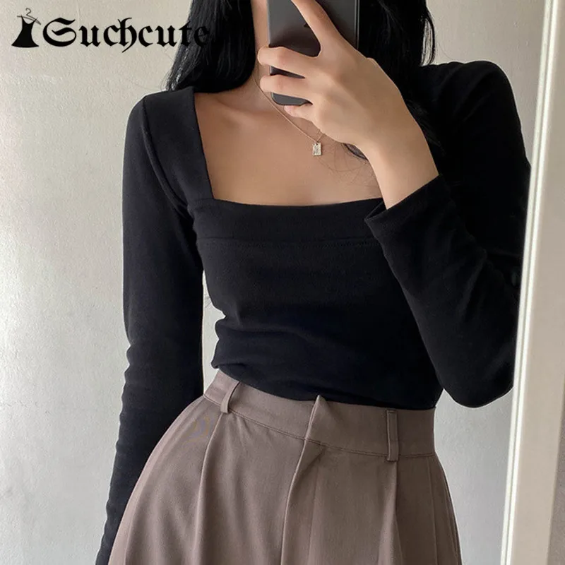 

SUCHCUTE Gothic Solid Women T Shirt Dark Aesthetic Black Basic Vintage Casual Cropped Tops Harajuku Korean Fashion Clothes 2021