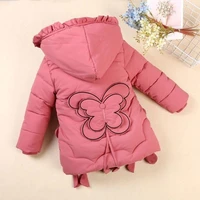 2022 new winter clothes girls padded cotton clothes childrens mid length thickening embroidery bow hooded cotton jacket