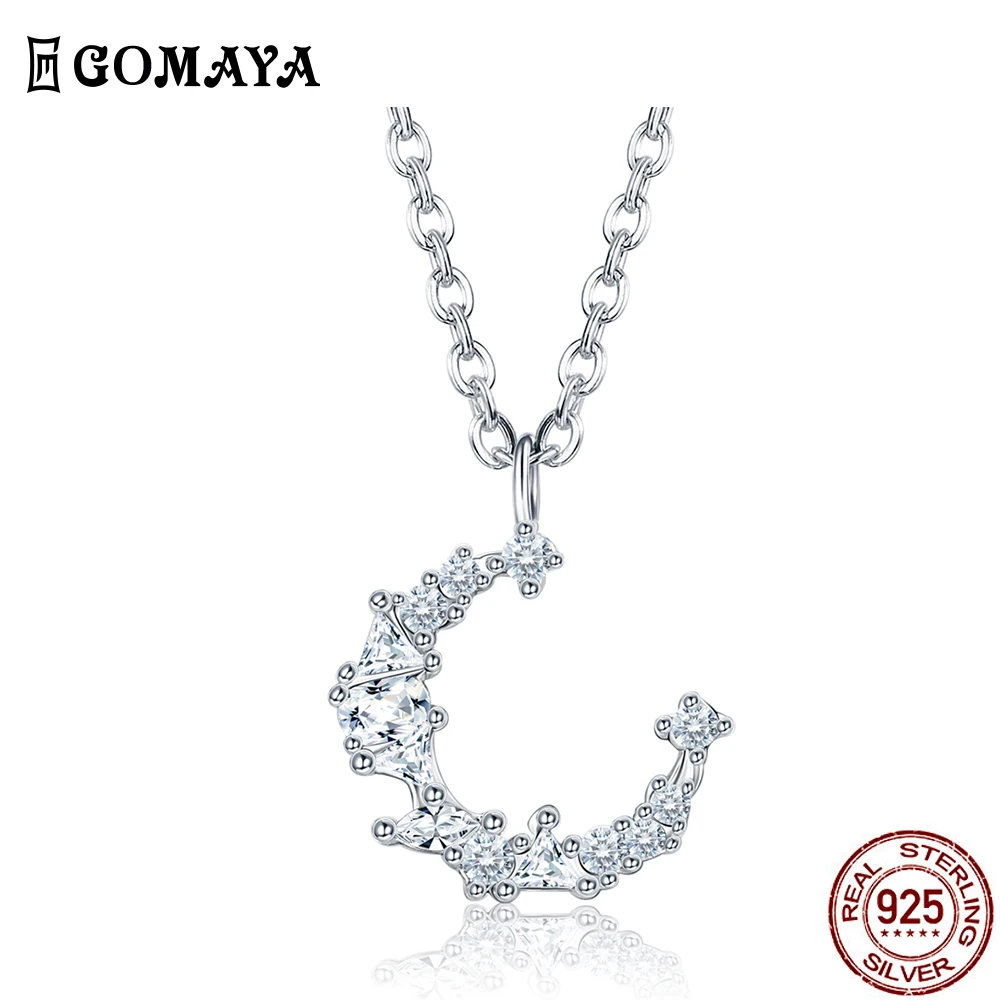

GOMAYA 925 Sterling Silver Irregular Moon Pendant Necklace For Women Shining Zircon Long Chain Necklaces Engagement Jewelry
