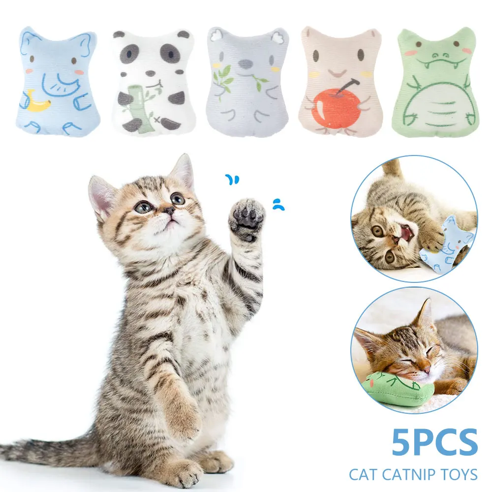 

5Pcs Catnip Toys Soft Plush Cat Chew Toys Catnip Filled Cat Toys Cute Cartoon Animal Cat Toy Interactive Kitten Bite Resistant T