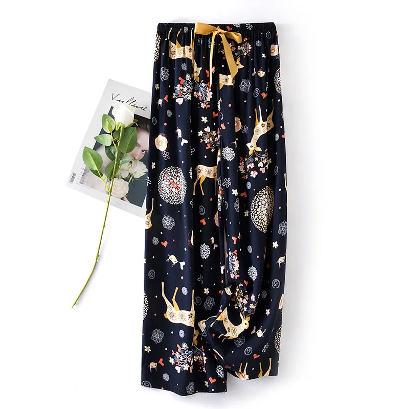 Fashion Women Sleep Bottoms Viscose Print Loose Full Length Pants Elastic Waist Sleeping Shorts Printing Thin Lounge Sleepwear