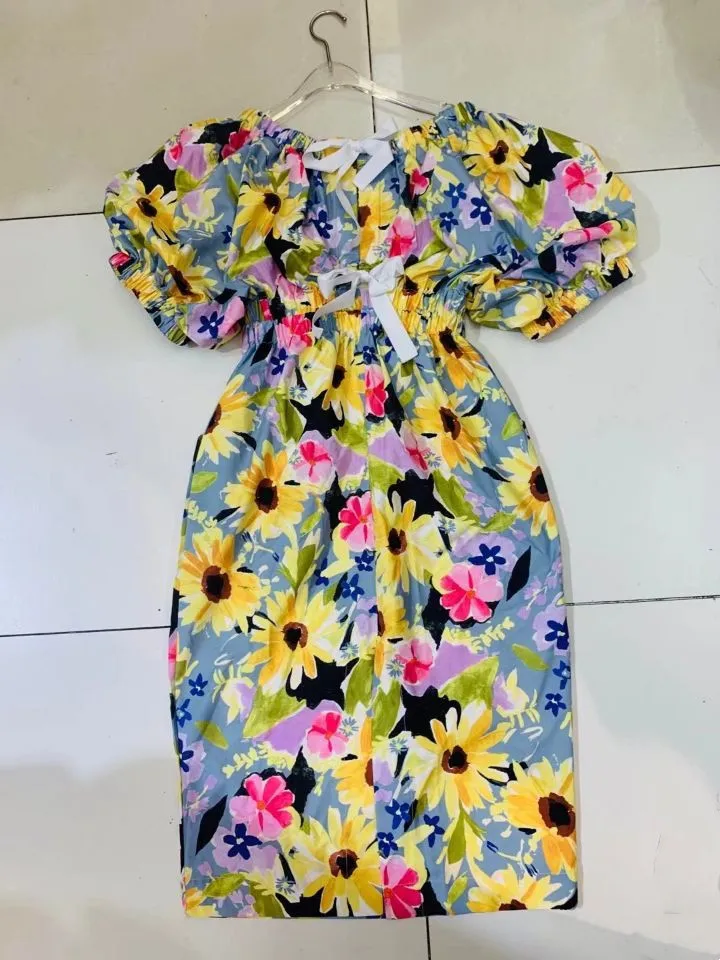 

DEAT 2021 new round neck short lantern sleevs flare printed pullover high waist dress female vestido vacation tide WS02807L