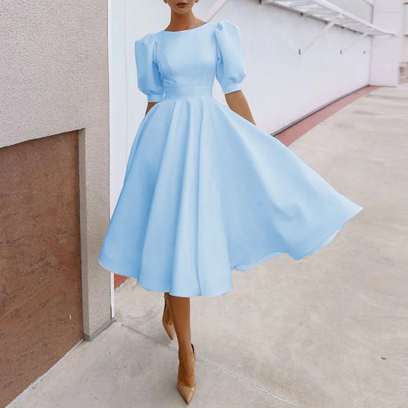 

TULX Women Retro Dress Fashion New Short Sleeve Solid Mid Length Dress Sexy Backless White Party Dress