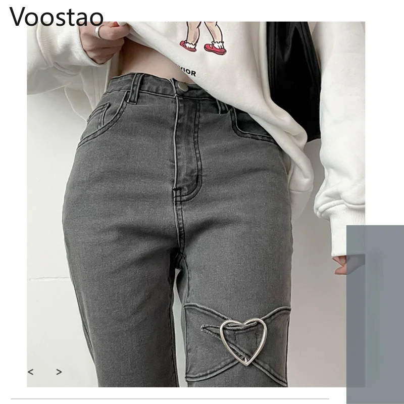 Брюки-клеш Женские джинсовые с завышенной талией и металлической пряжкой |