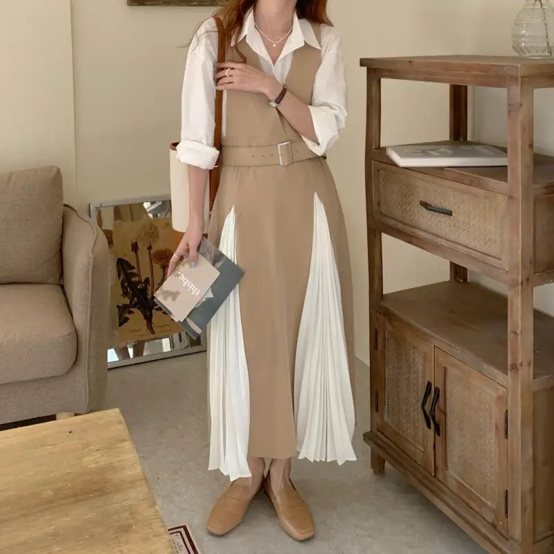 

OL Hot Chic All Match Patchwork Gentle Femme Elegance Fashion Streetwear Sweet Long Dresses Vestidos With Sashes