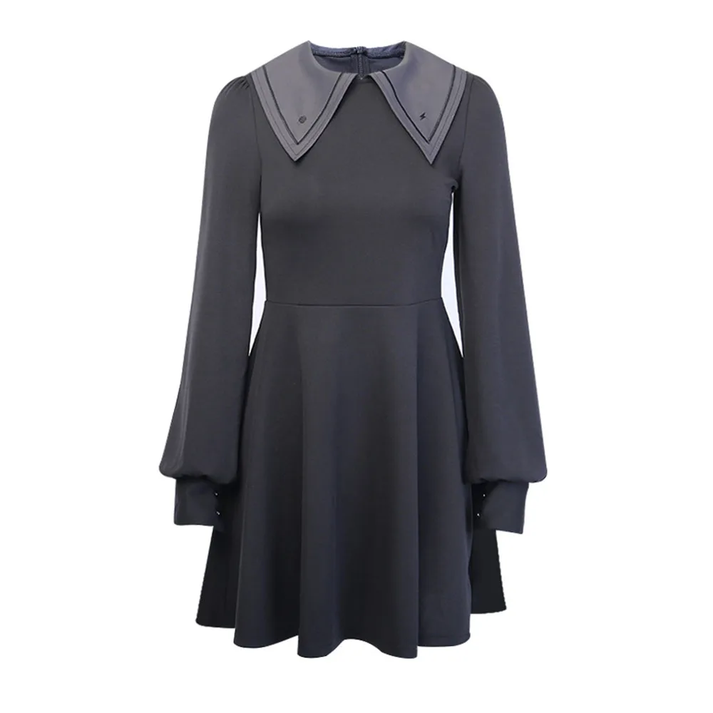 Женское платье с длинным рукавом высокой посадкой темно-синий воротник