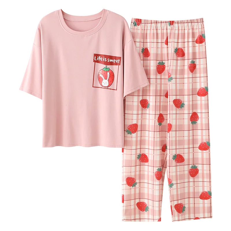 

Seeslim 2021 Summer Pajama Set Short Sleeve Pyjamas Women Cotton Sleepwear O Neck Pijama Women Homewear Night Suit Nightwear