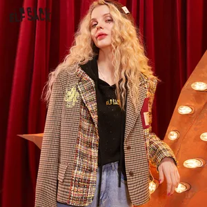 Женский клетчатый Блейзер ELFSACK, коричневый винтажный прямой Блейзер на одной пуговице с карманами и длинным рукавом, Корейская верхняя одежда, зима 2020