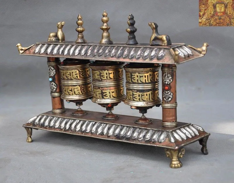 

wedding decoration Tibet bronze Gilt-silver Inlay turquoise Red Coral beast Scripture Prayer wheel New Year
