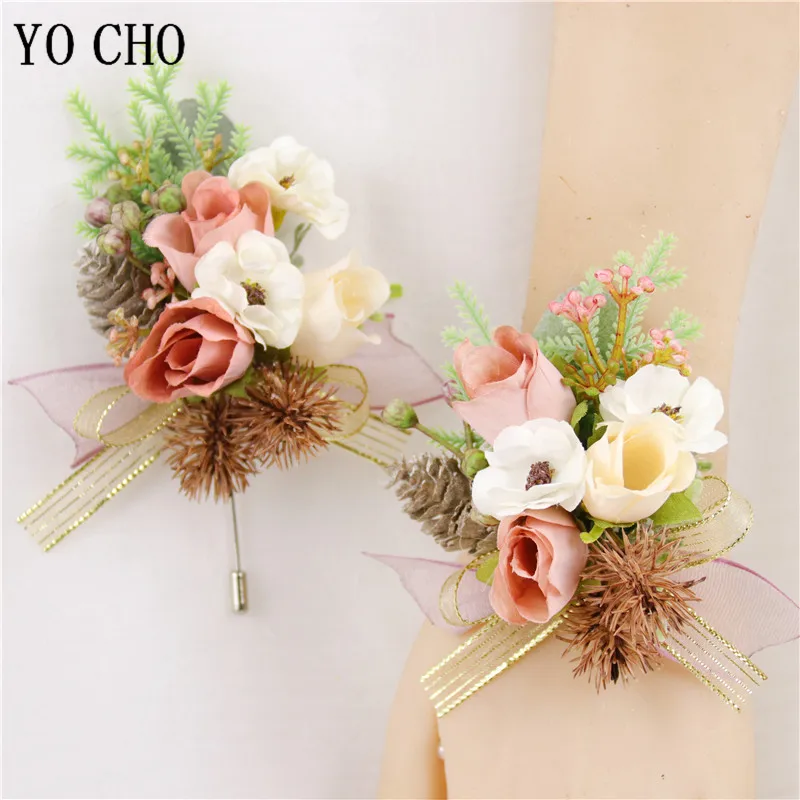 Бутоньерка YO CHO цвета шампанского для шафера браслет на запястье невесты женский