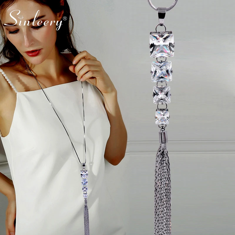 

SINLEERY Square Crystal Pendant Long Tassel Necklace Women Wholesale Silver Color Necklace Sweater Chain Female Gifts MY329 SSB
