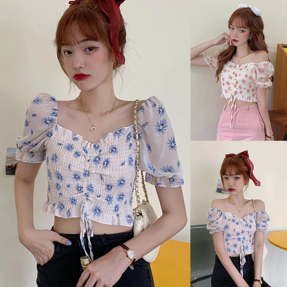 

Girl Women Summer Floral Print Ruffled Short Sleeve Drawstring Crop Top Blouse