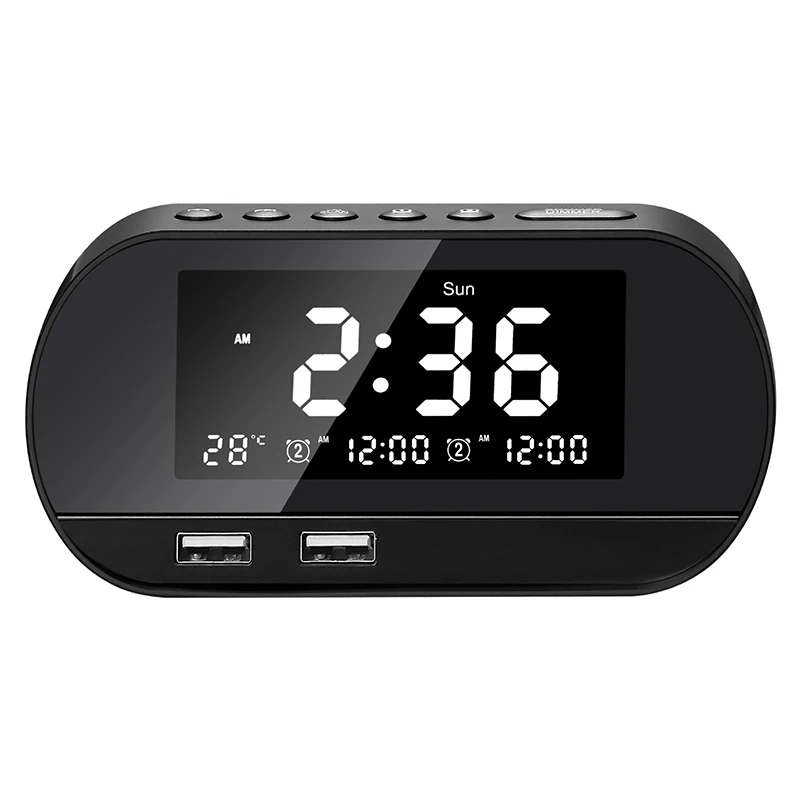 

NEW Dual USB Phone Charger Home FM Raido Alarm Clock Multifunctional Office Adjustable Brightness LCD Display Perpetual Calendar