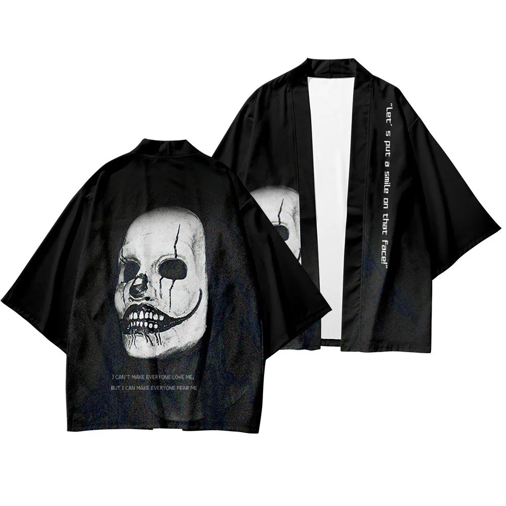 

Мужские черные рубашка с принтом черепа; Пальто в японском стиле кардиган юката хаори костюм самурая кимоно и брюки Лыжная куртка