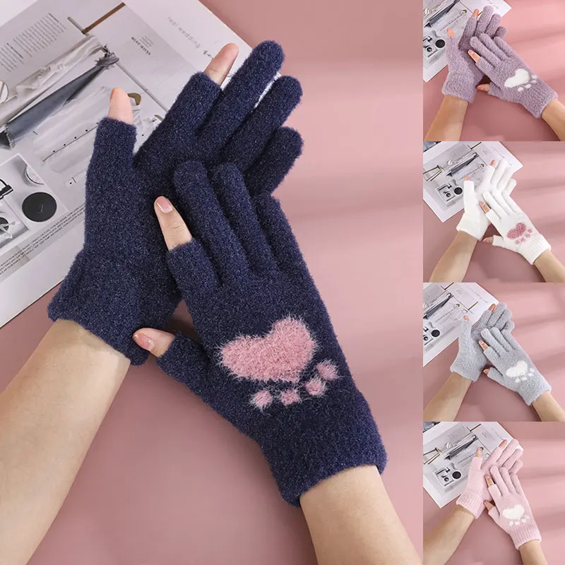 

Cute Bear Paw Print Gloves Cartoon Cute Touch Screen Gloves For Women Comfortable Breathable Winter Warm Knitting Gloves
