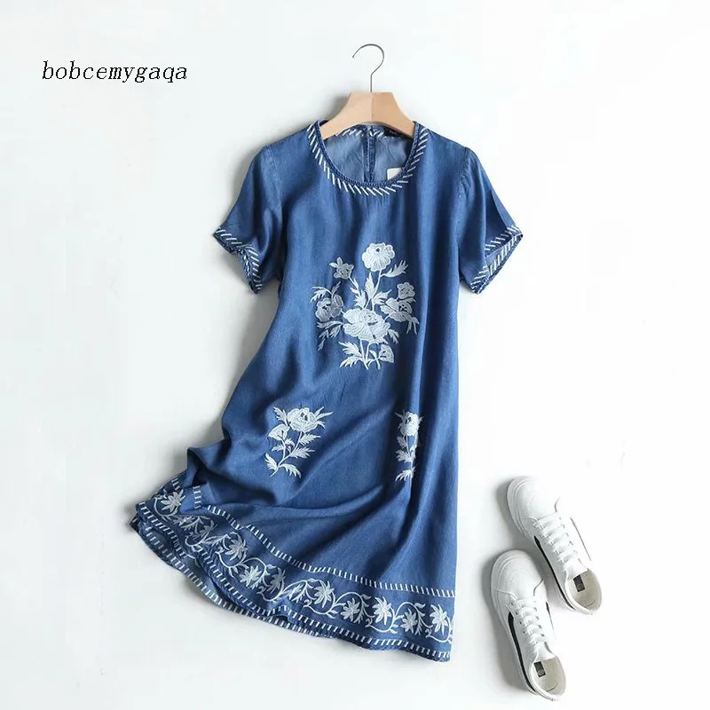 Летнее джинсовое платье с вышивкой женские мягкие джинсовые платья круглым