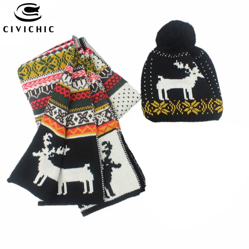 Black 2PCS Шикарный осенне-зимний Рождественский трикотаж, шапка, шарф, перчатки, комплект из 3 предметов, теплые флисовые рождественские шапочки с помпоном, вязаные крючком шапки, шали, шапки, варежки SH115 - Цвет: Black 2PCS
