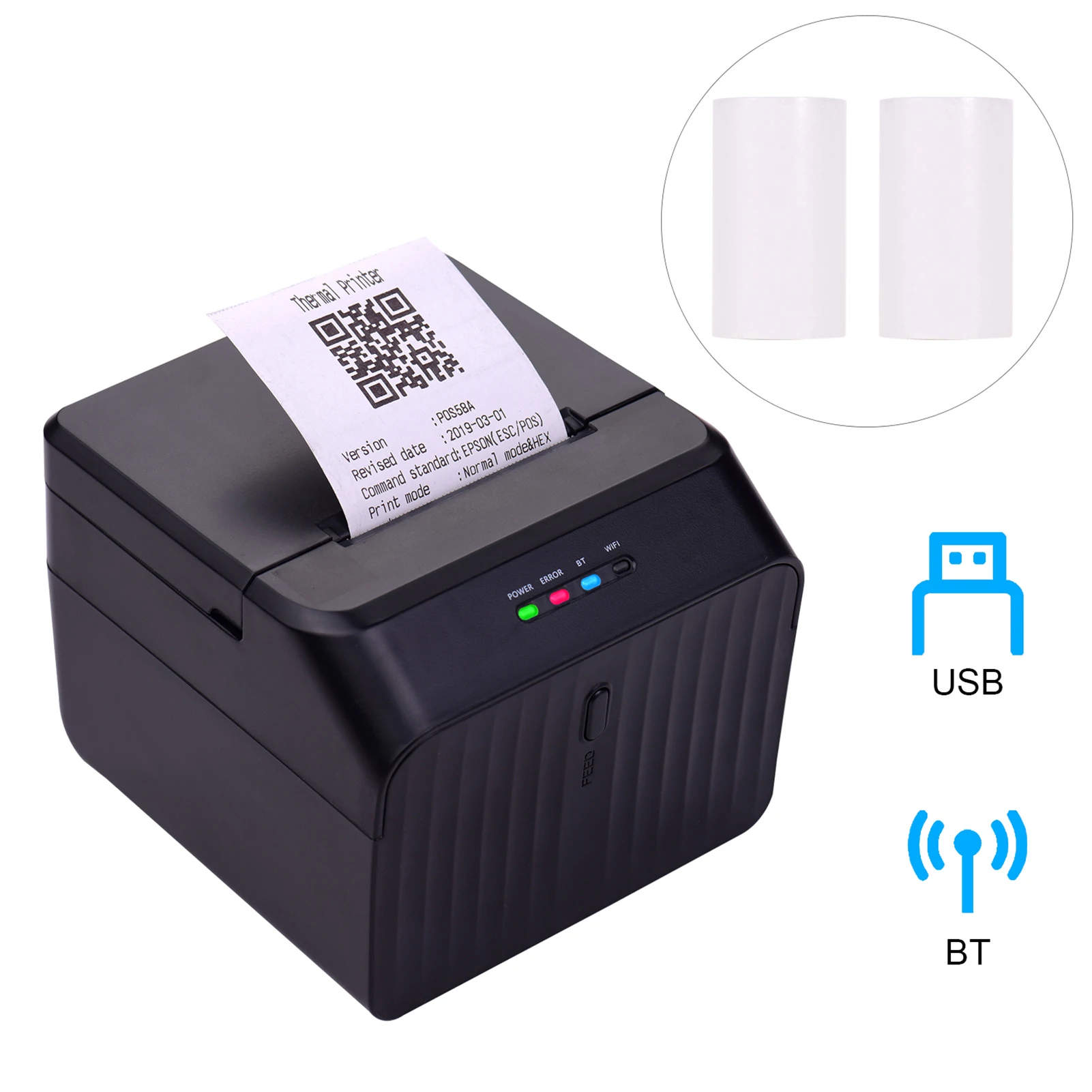 Desktop 58mm Thermal Receipt Printer Wired Barcode Printer USB BT Connection with 2 Rolls Paper Inside Support ESC/POS for Store