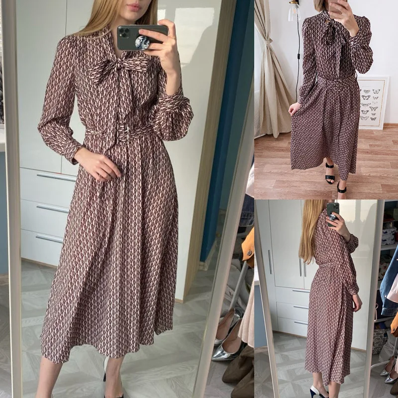 Новинка весна-лето 2020 шифоновое платье с принтом и галстуком-бабочкой длинными