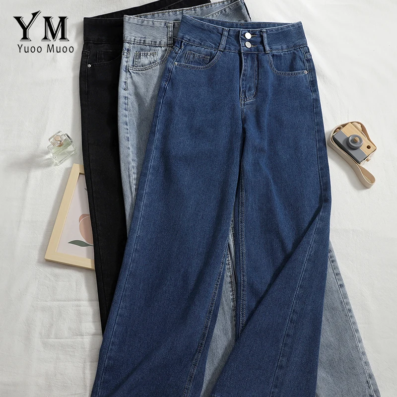 

Винтажные прямые джинсовые брюки YuooMuoo на 2 пуговицах с высокой талией для женщин, уличная одежда, повседневные синие джинсы для мам, женские ...
