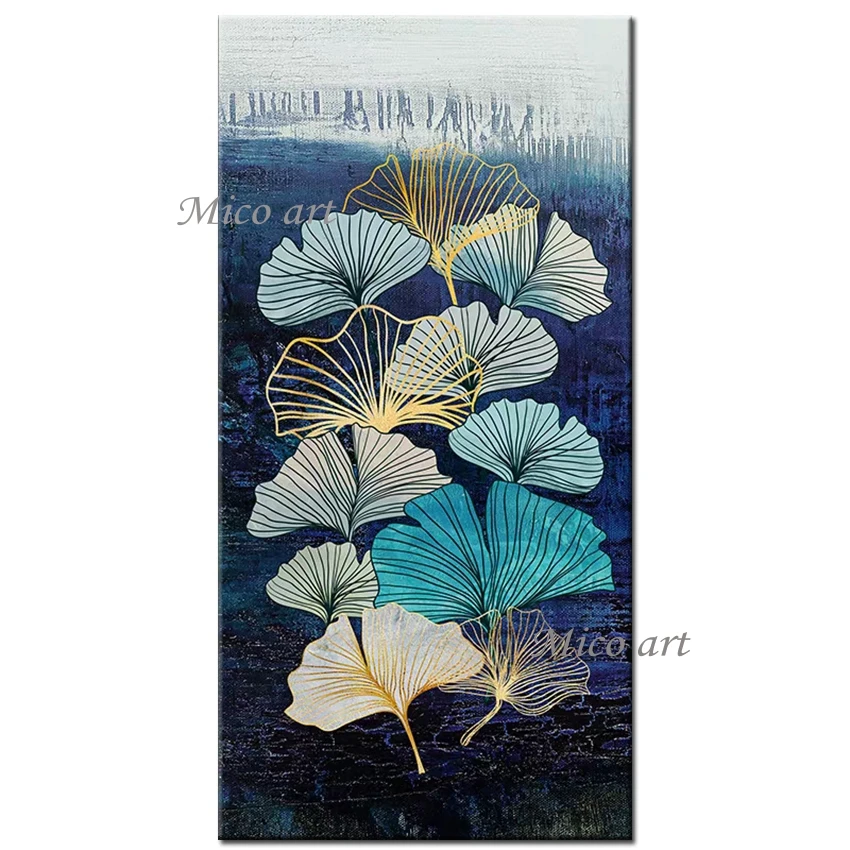 

100% Hand Drawn Ginkgo Leaves Wall Pictures Artwork Textured Gold Lines Oil Painting Wall Decoration Canvas Art For Living Room