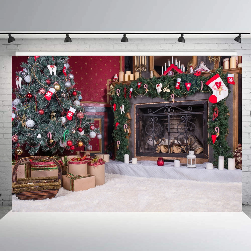 

Christmas Backdrop Fireplace Christmas Tree Backdrops Party Decoration Background Xmas Event family photo booth shoot studio