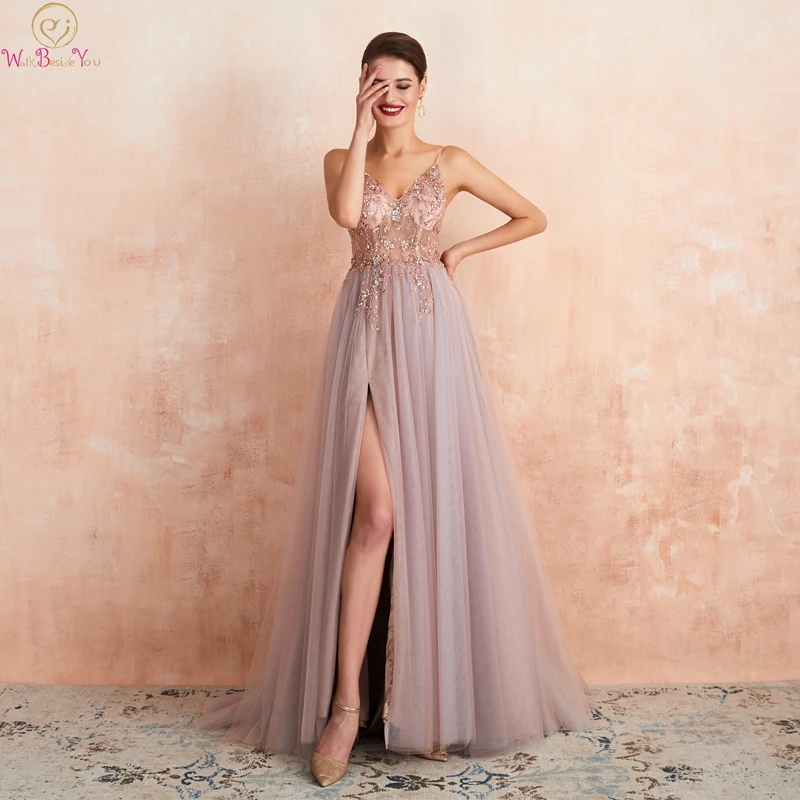 

2019 New Pink Prom Dresses Split A Line Sleeveless V Neck Spaghetti Straps Formal Party Long Gowns Beaded Crystal robe de soiree