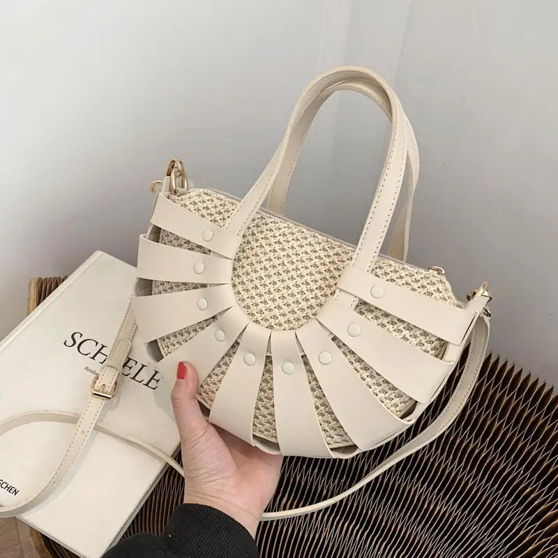 

Diinovivo Hollow Out Sraw Handbags Women Crossbody Bag Summer Beach Bags Female Shoulder Bag Brand PU Semicircle Totes WHDV1810