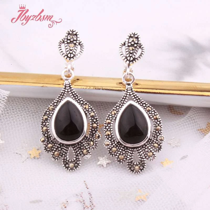 Black Agate 8x12 мм каплевидные Агаты, кристальная оболочка, коралловые каменные бусины, ювелирные изделия, серьги для женщин, рождественский подарок, модные Висячие серьги Huggie, 1 пара - Окраска металла: Black Agate