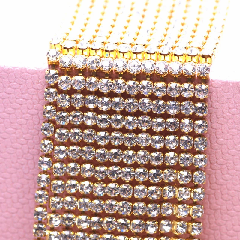 

1/10yard Glitter Crystal Rhinestone Chain 2-4.5mm Gold Base Dense Claw Glass Rhinestone Trim Accessories Clothing jewelry DIY G