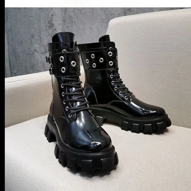 

Patent Leather Boots New Rivet Women's Autumn Punk Motorcycle Boots Thick Heel Gothic Platform Shoes Comfortable Casual Boots