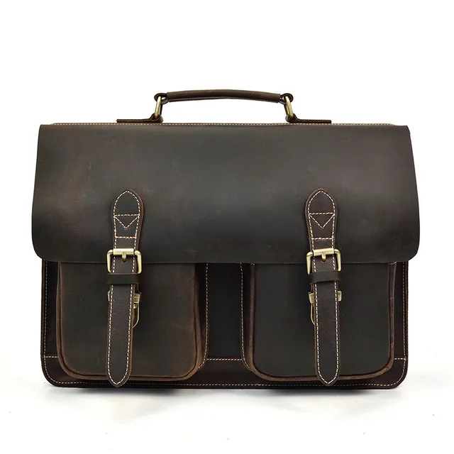 brown3 Винтажный Мужской портфель из натуральной кожи Подходит для ноутбука 14 дюймов, деловая сумка из коровьей кожи, двухслойная сумка-мессенджер, сумка-тоут для работы - Цвет: brown3