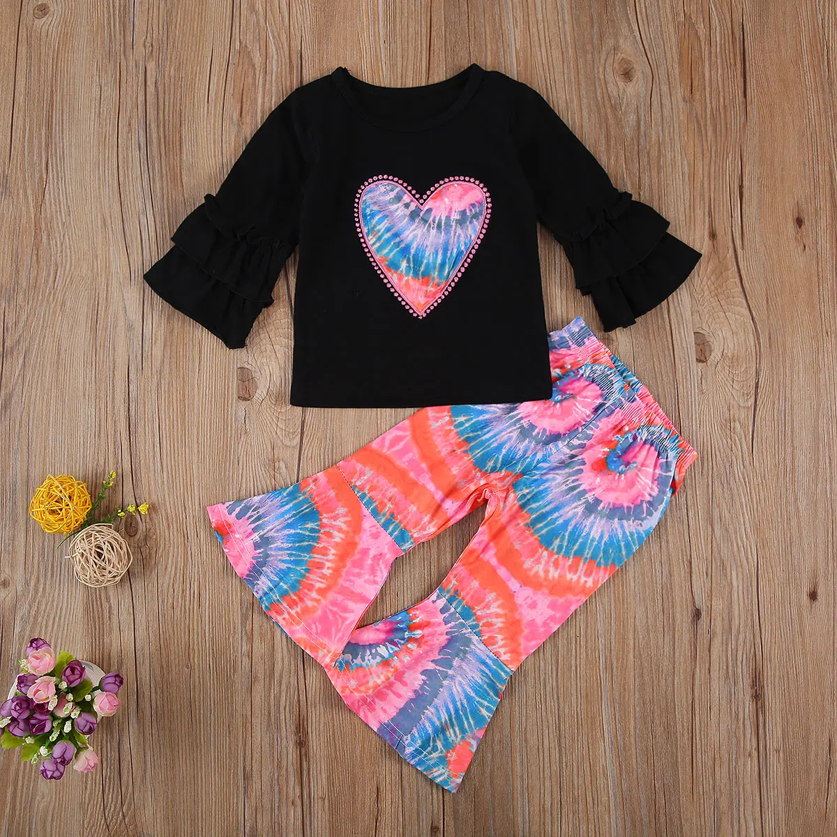 

2020 Infant Baby Girls Clothing Set Lace Ruffle Long Sleeve Pullover T-shirt + Flared Long Pants Children Fall Clothes Sets 0-4T