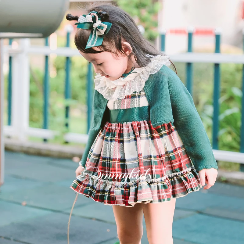 Новое зеленое вязаное платье испанской академии для девочек кардиганы комплект