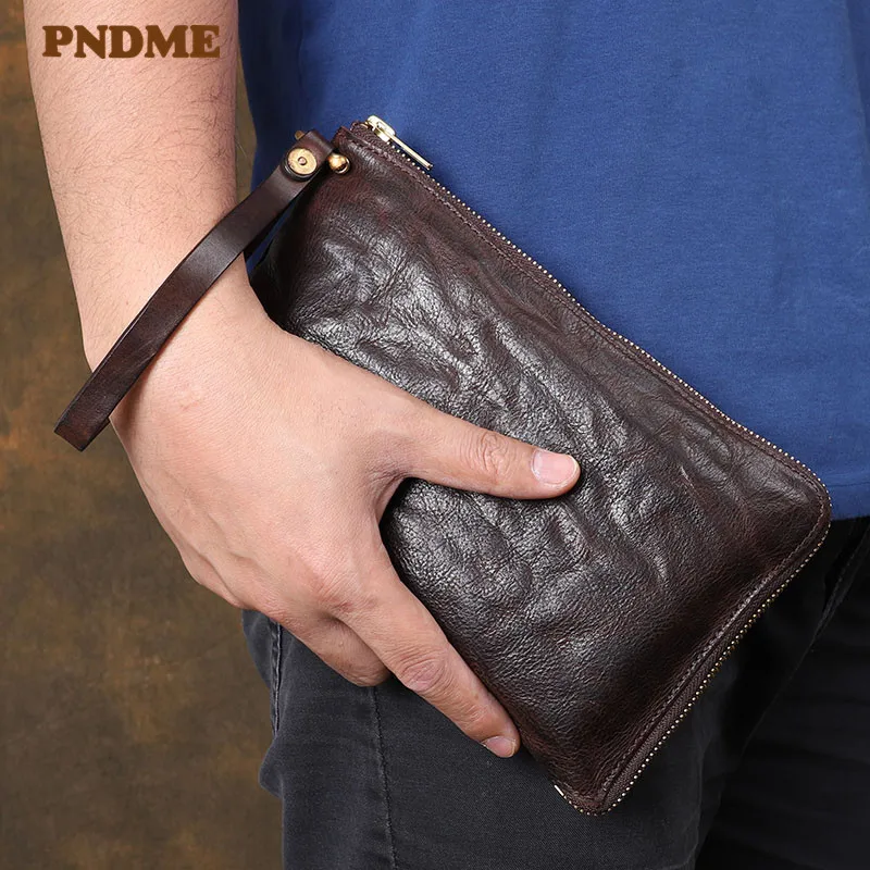 Fashion vintage high quality natural genuine leather men's women's clutch bag casual simple luxury cowhide tablet wallet