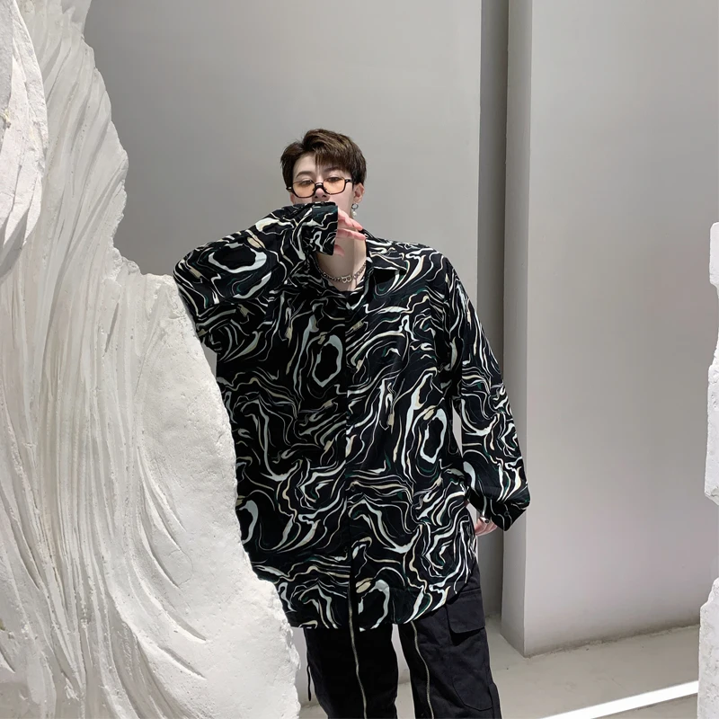 Men's Long-Sleeve Shirt Spring And Autumn New Korean Version Of Japanese Retro Stripe Graffiti Design Loose Large Size Shirt