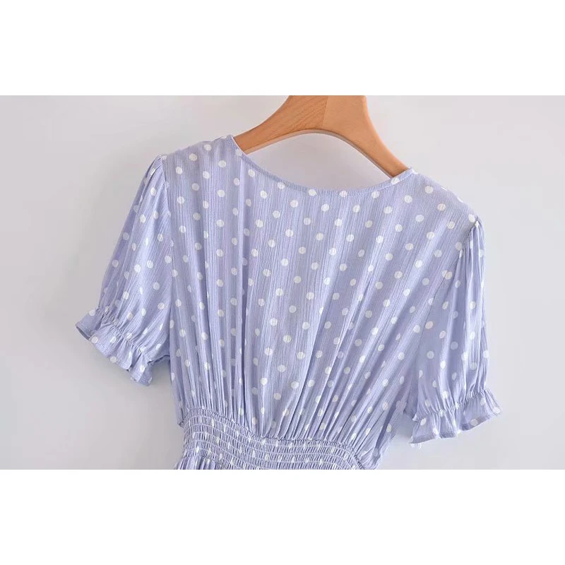 

YENKYE Vintage Polka Dot Casual Dress Women Cross V Neck Short Sleeve Elastic Waist Holiday Summer Dress Lady A-line Mini Robe