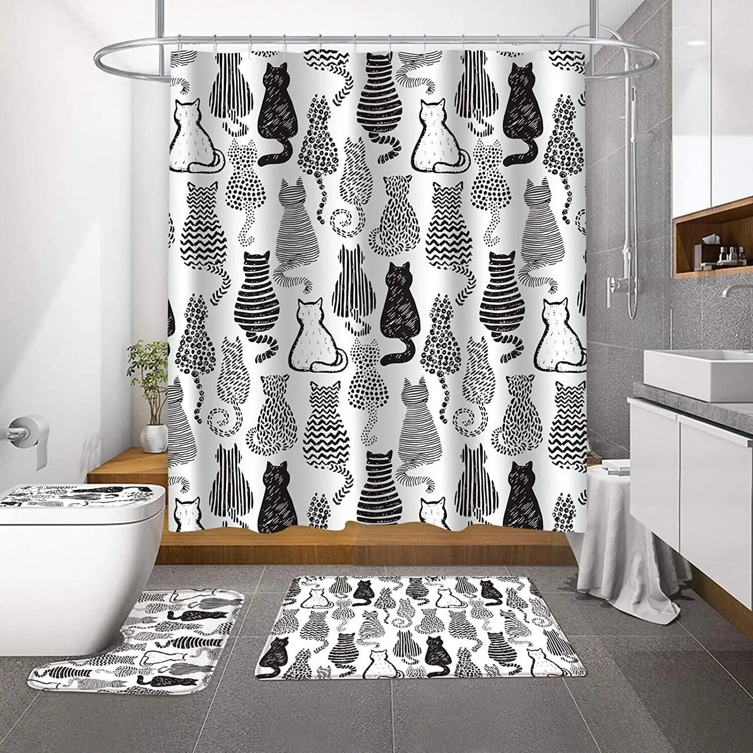 

Black and White Cats Shower Curtain Sets with Mats Abstract Cat Bathroom Decor Rugs and Toilet Lid Cover for Men,Women and Kids