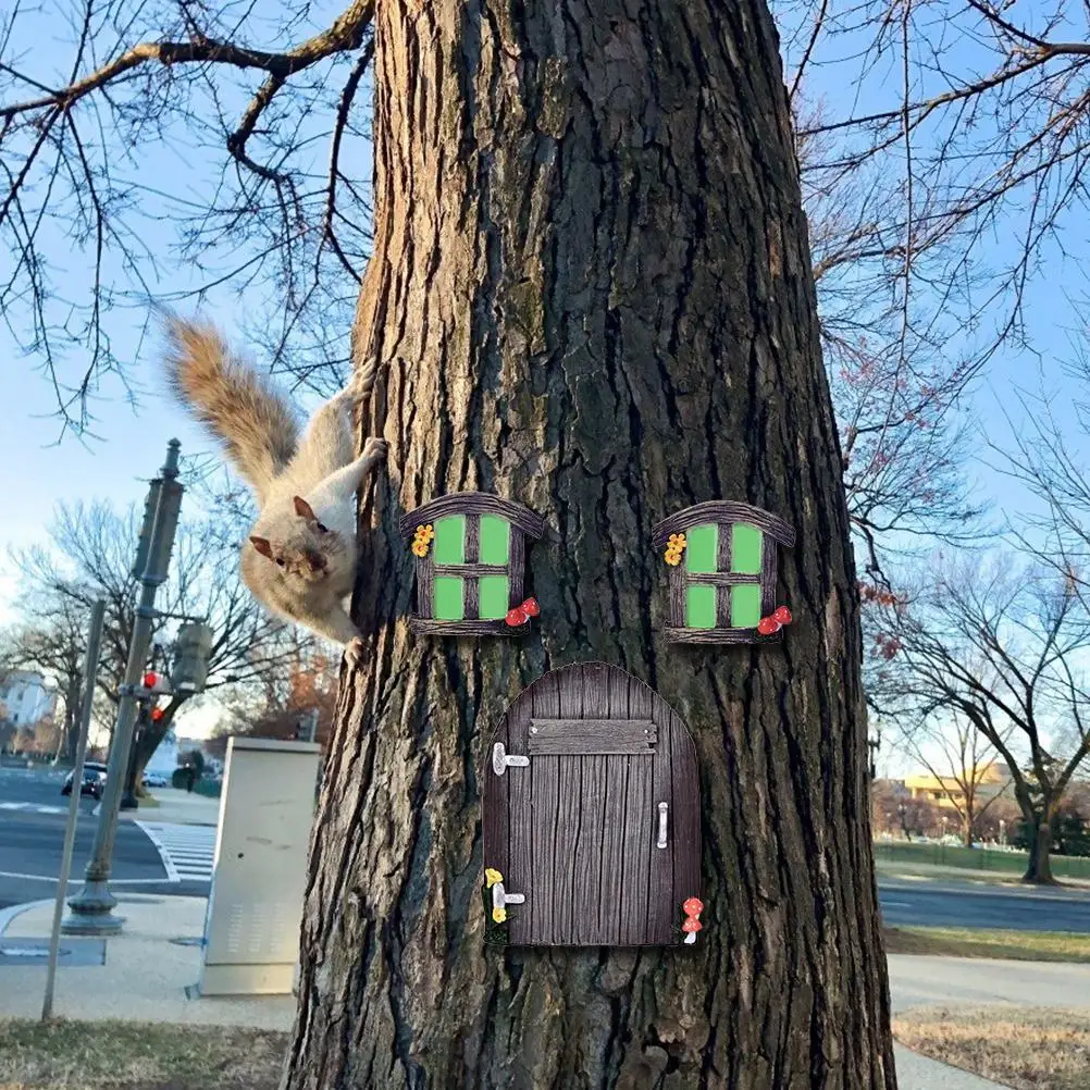 

1 set Resin Miniature Fairy Gnome Home Door Windows for Tree Yard Art Garden Sculpture Decor Table Decoration Luminous Window
